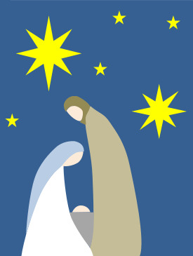 Mottobild des Krippenspiels 2023 - Maria und Josef mit dem Jesuskind unter Sternen